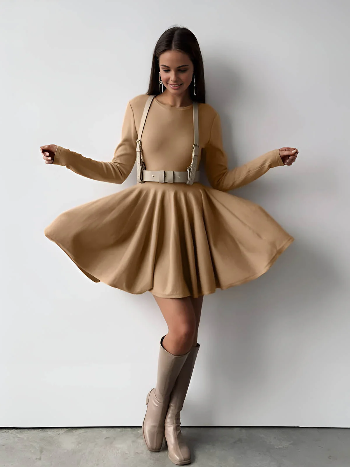 Alina | Elegantes Damen Skaterkleid in Creme mit langen Ärmeln - Image 6