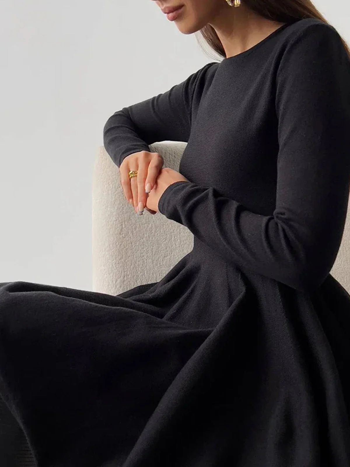 Alina | Elegantes Damen Skaterkleid in Creme mit langen Ärmeln - Image 7