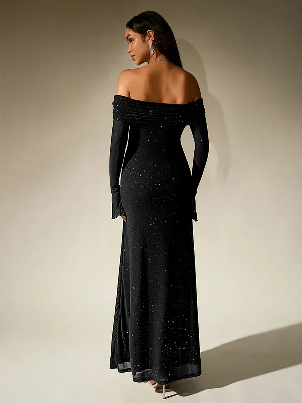 Alina | Schulterfreies Abendkleid in Braun mit Glitzer - Image 6