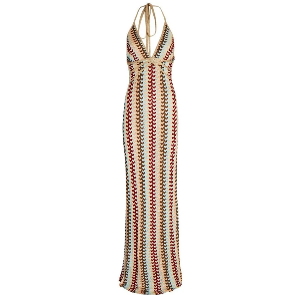 Boho Maxikleid mit Retro-Wellenmuster & Halsband – Rückenfrei & Figurbetonend - Image 3