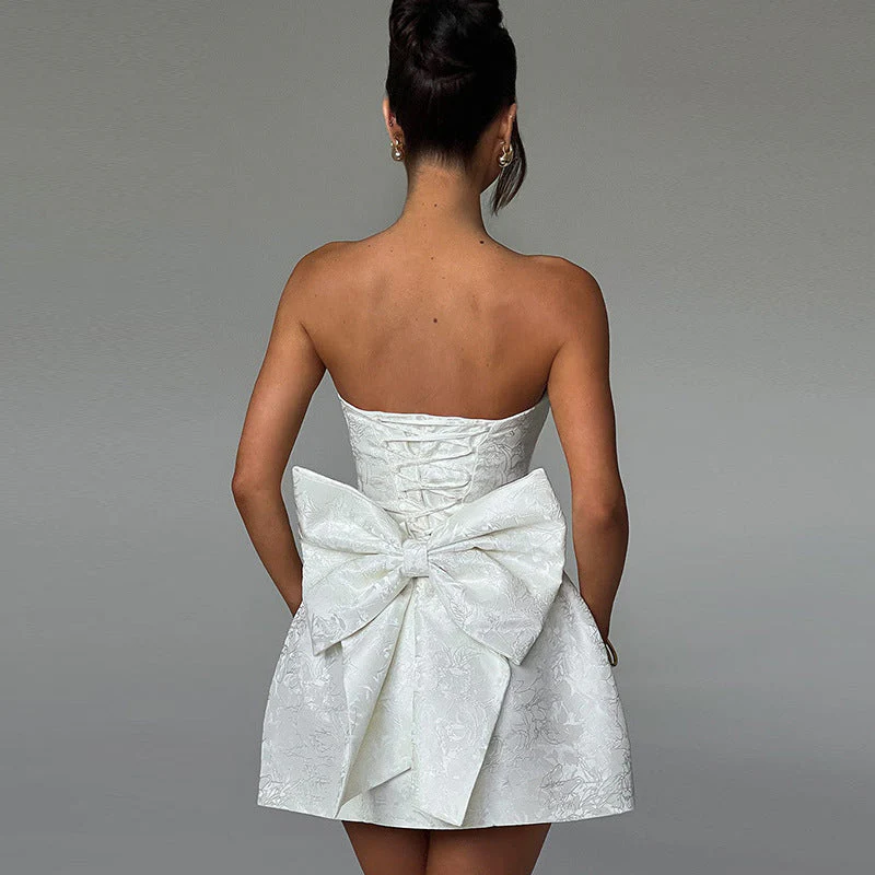 Champagnerfarbene Mini-Cocktailkleid – Off-Shoulder Abendkleid mit Schleifendetail - Image 6