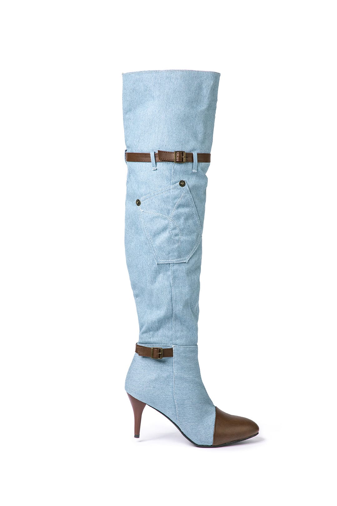 Chloe | Denim kniehohe Stiefel mit Absatz & Verstellbarem Braunen Riemen - Image 2