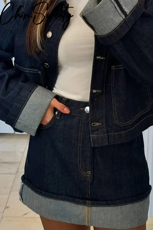 Damen-Denim-Set – Cropped Jeansjacke & High-Waist Minirock mit Umschlag - Image 3
