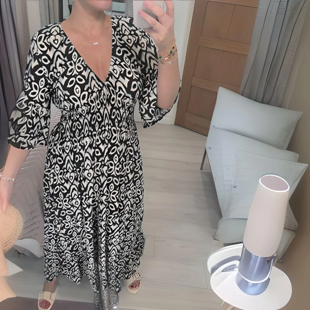 Das Boho-Kleid mit V-Ausschnitt und grafischem Muster – Knöchellänge - Image 2