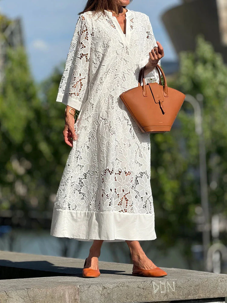 Elegantes Spitzenkleid mit 3/4-Ärmeln & hohem Kragen – Luftig & Stilvoll - Image 2