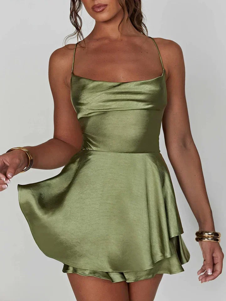Emmy | Kreuz und quer Rücken Spaghetti-Träger Mini-Satin Kleid - Image 5