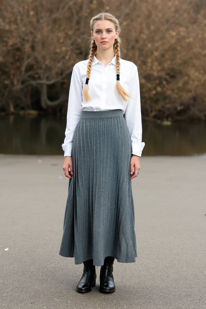 Gerlinde | Weit fallender gestrickter Midi-Rock mit Plisseefalten und elastischem Bund