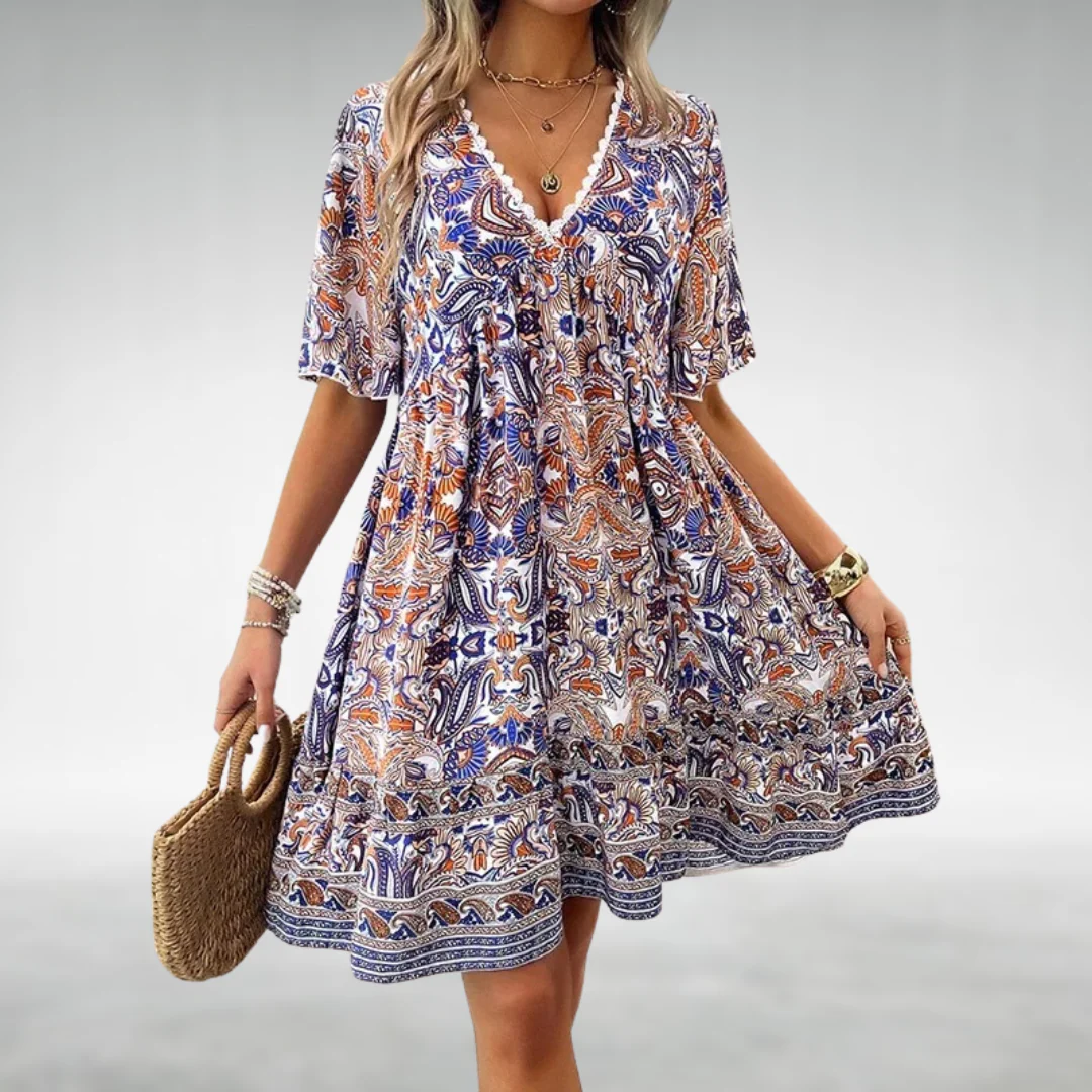 Kurzes Boho-Kleid mit V-Ausschnitt und ethnischem Muster - Image 2
