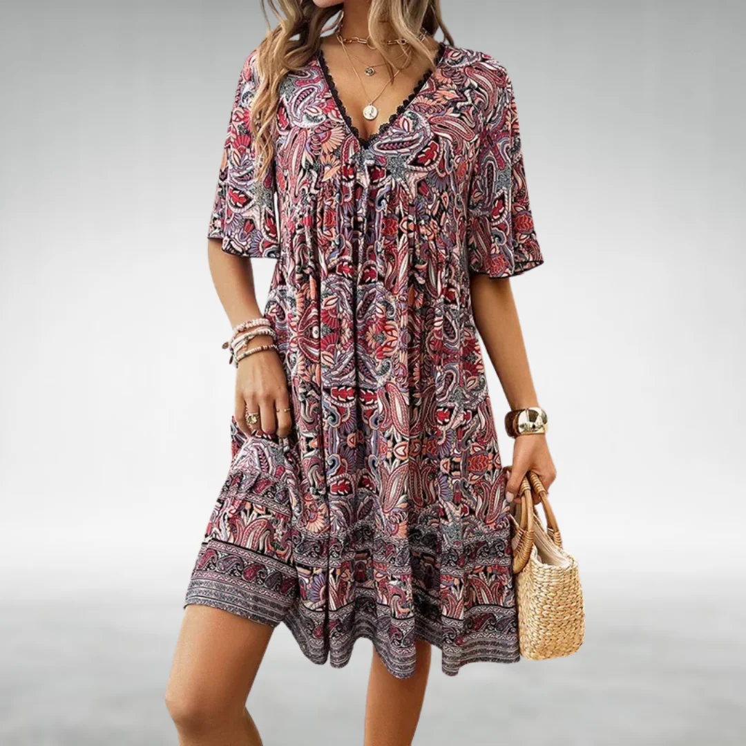 Kurzes Boho-Kleid mit V-Ausschnitt und ethnischem Muster - Image 3