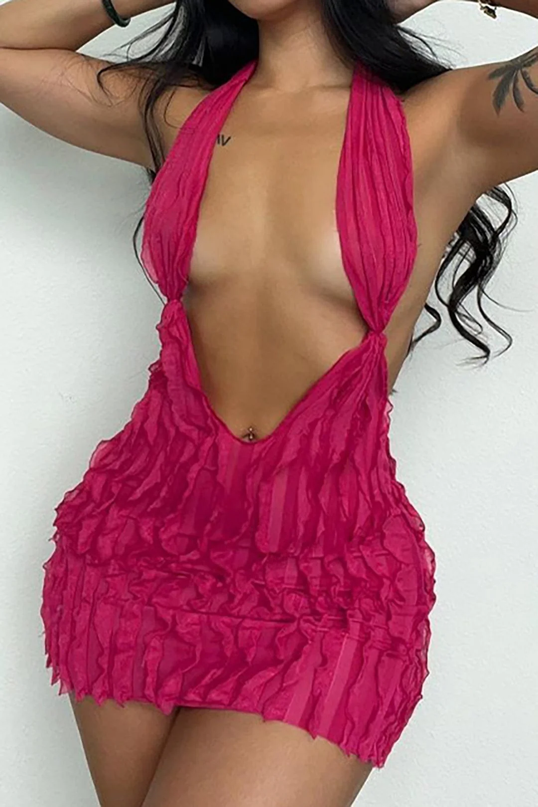 Liana | Sexy Transparente Mini-Kleid mit Falten & Tiefem Ausschnitt - Image 6