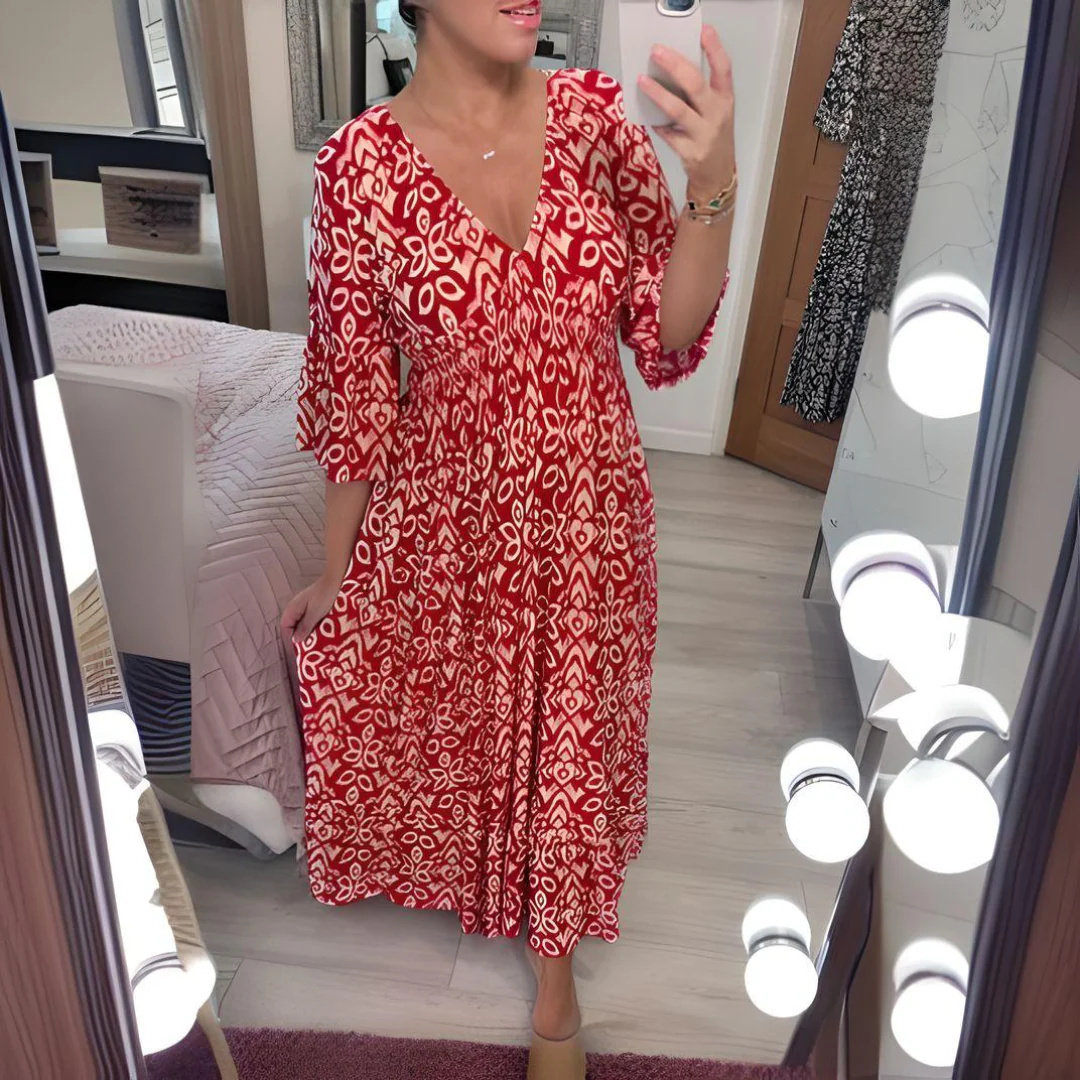 Luftiges Boho-Kleid mit V-Ausschnitt und grafischem Muster – Knöchellang - Image 3
