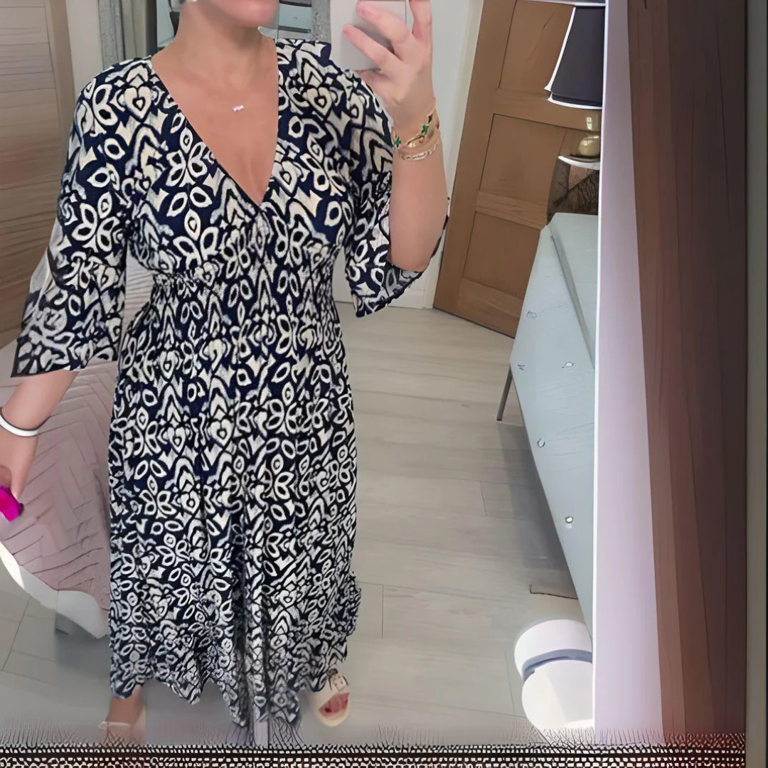 Luftiges Boho-Kleid mit V-Ausschnitt und grafischem Muster – Knöchellang - Image 5
