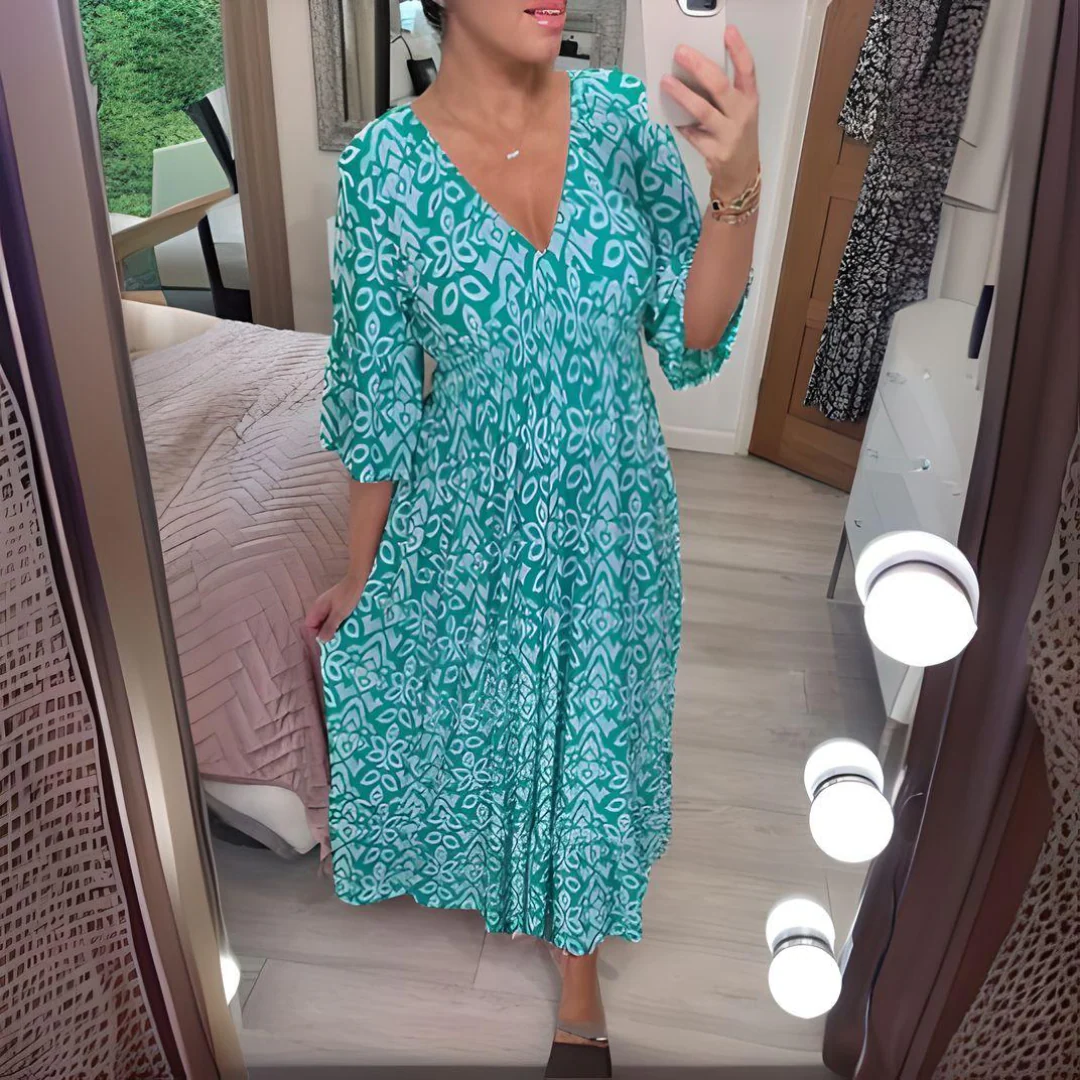 Luftiges Boho-Kleid mit V-Ausschnitt und grafischem Muster – Knöchellang - Image 6