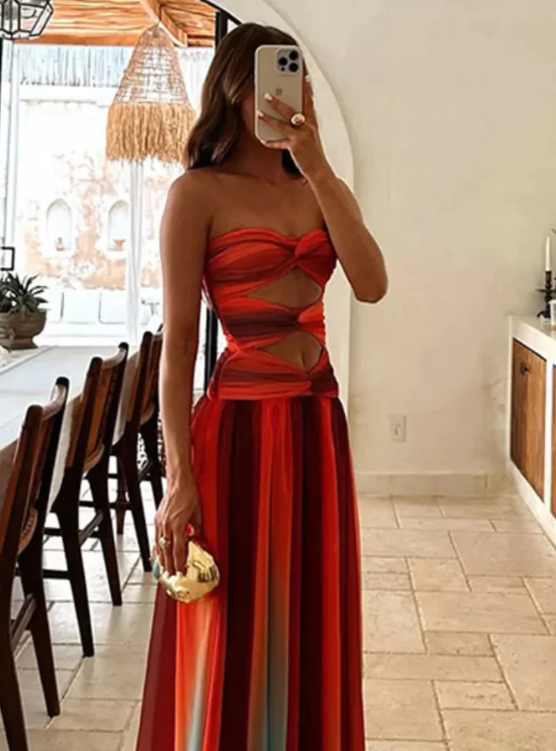 Maxi Sommerkleid mit Cut-Outs & Bandeau-Top – Farbverlauf Rot-Orange - Image 3