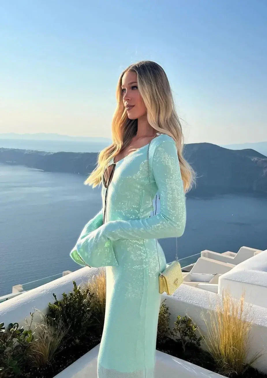Maya | Spitze Front Lange Ärmel Mintgrüne Glitzer Kleid Damen - Image 12