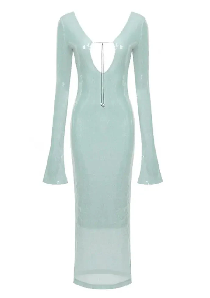 Maya | Spitze Front Lange Ärmel Mintgrüne Glitzer Kleid Damen - Image 3