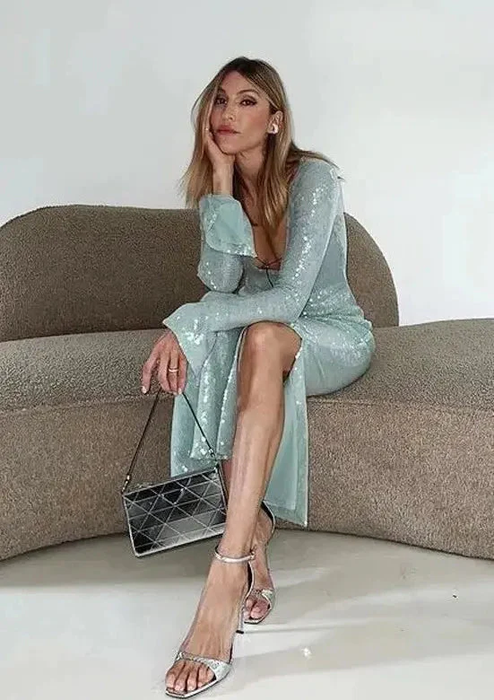 Maya | Spitze Front Lange Ärmel Mintgrüne Glitzer Kleid Damen - Image 6
