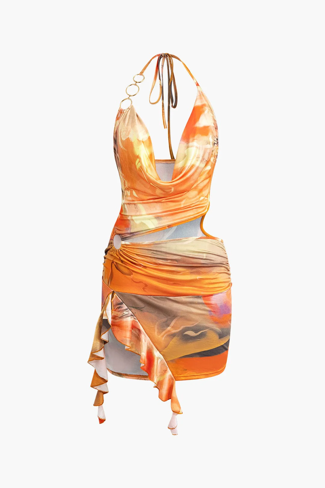 Mira | Asymmetrisches Seitenschlitz Halter-Neck Mini-Kleid mit Kunstdruck - Image 3