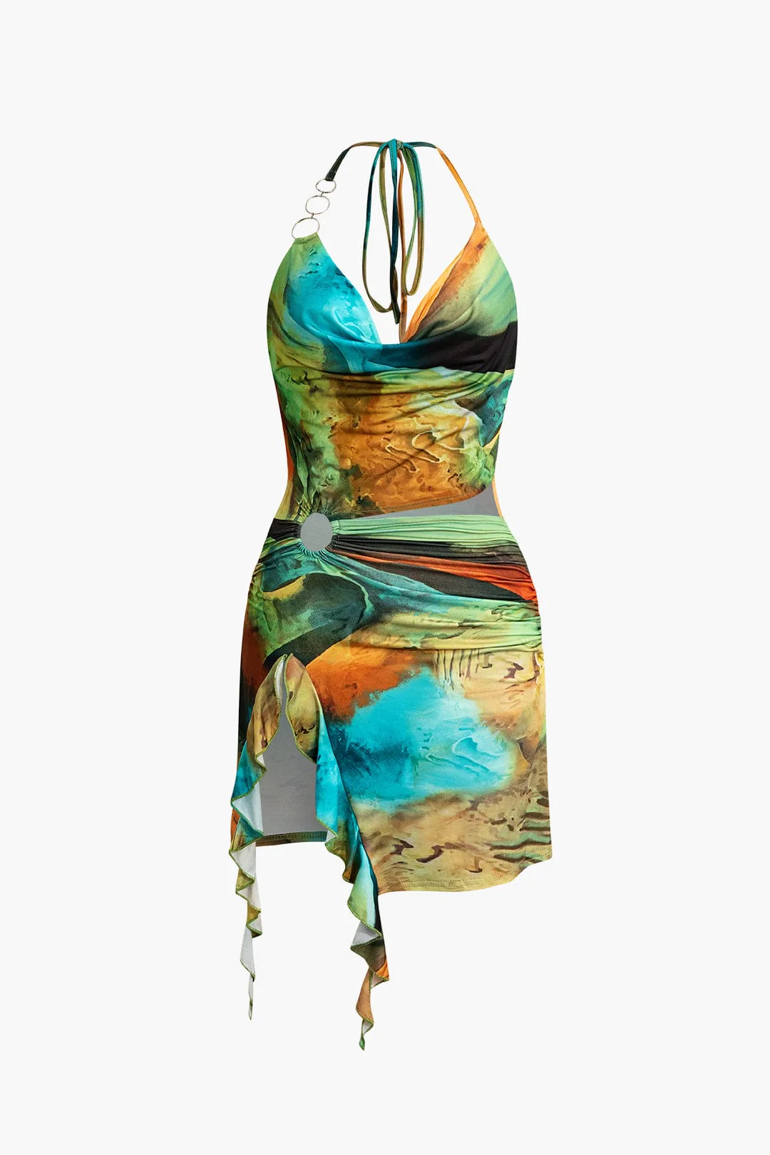 Mira | Asymmetrisches Seitenschlitz Halter-Neck Mini-Kleid mit Kunstdruck - Image 6