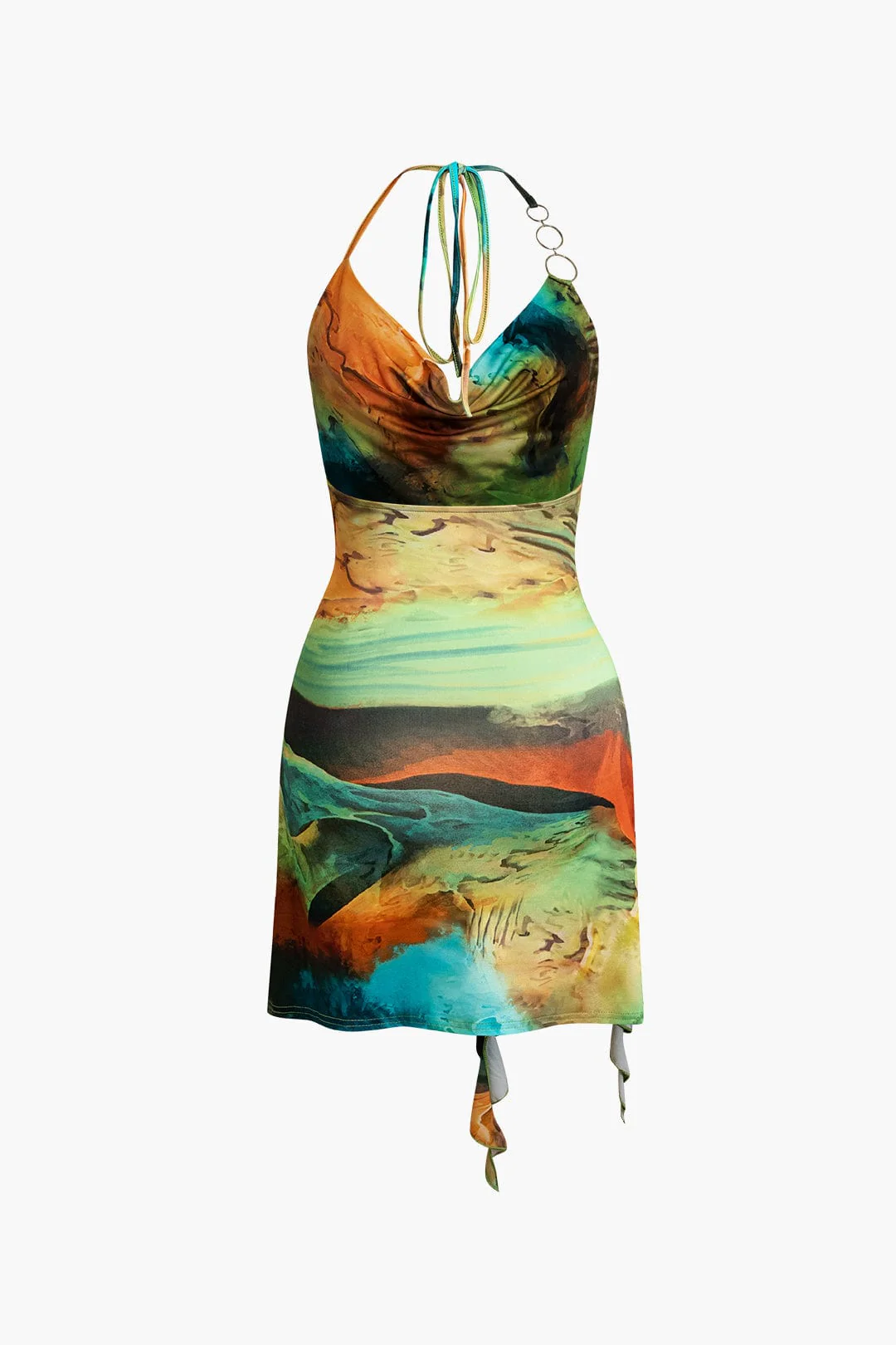 Mira | Asymmetrisches Seitenschlitz Halter-Neck Mini-Kleid mit Kunstdruck - Image 7