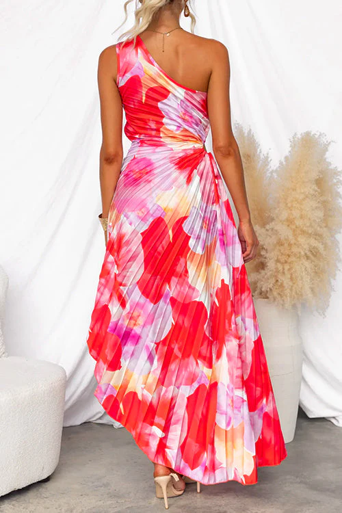 Plissee-Ein-Schulter-Kleid mit Blumenmuster – Elegant & Weiblich - Image 3