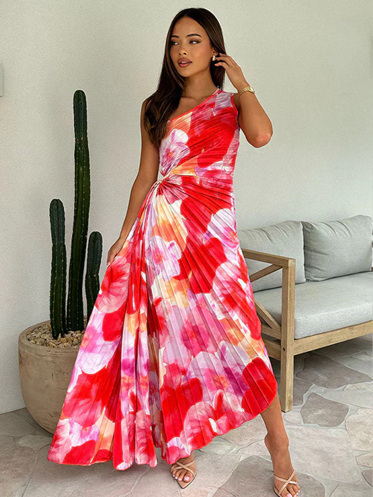Plissee-Ein-Schulter-Kleid mit Blumenmuster – Elegant & Weiblich - Image 6