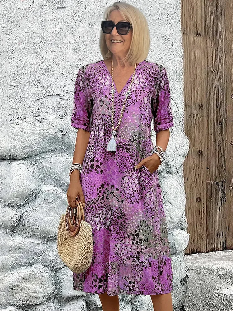 Sommerkleid mit V-Ausschnitt & Allover-Muster – Knielang & bequem - Image 4