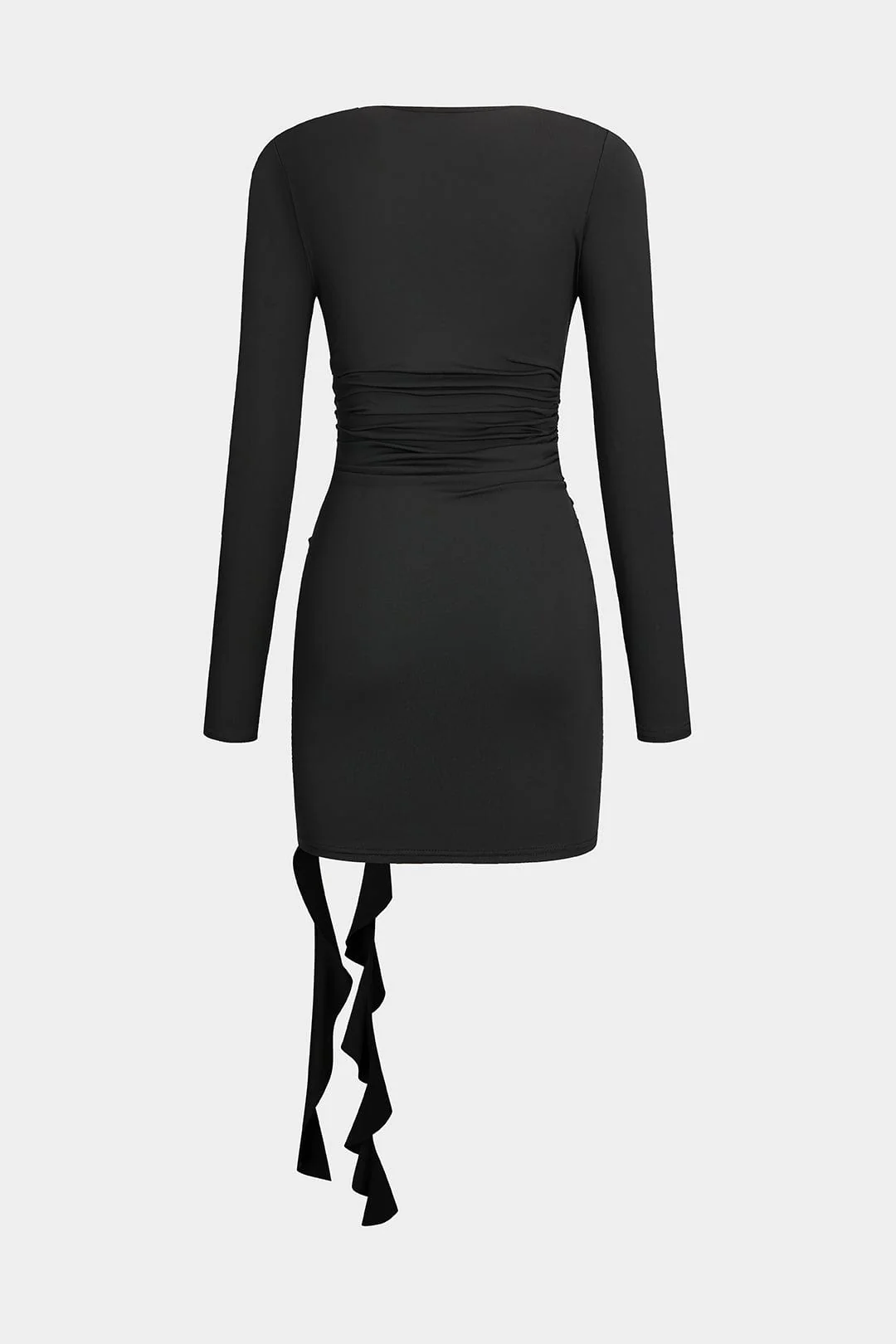 Valeria | Elegantes Schwarzes Langarm-Minikleid – Figurbetonender Schnitt mit Drapierung & Rosen-Detail - Image 2