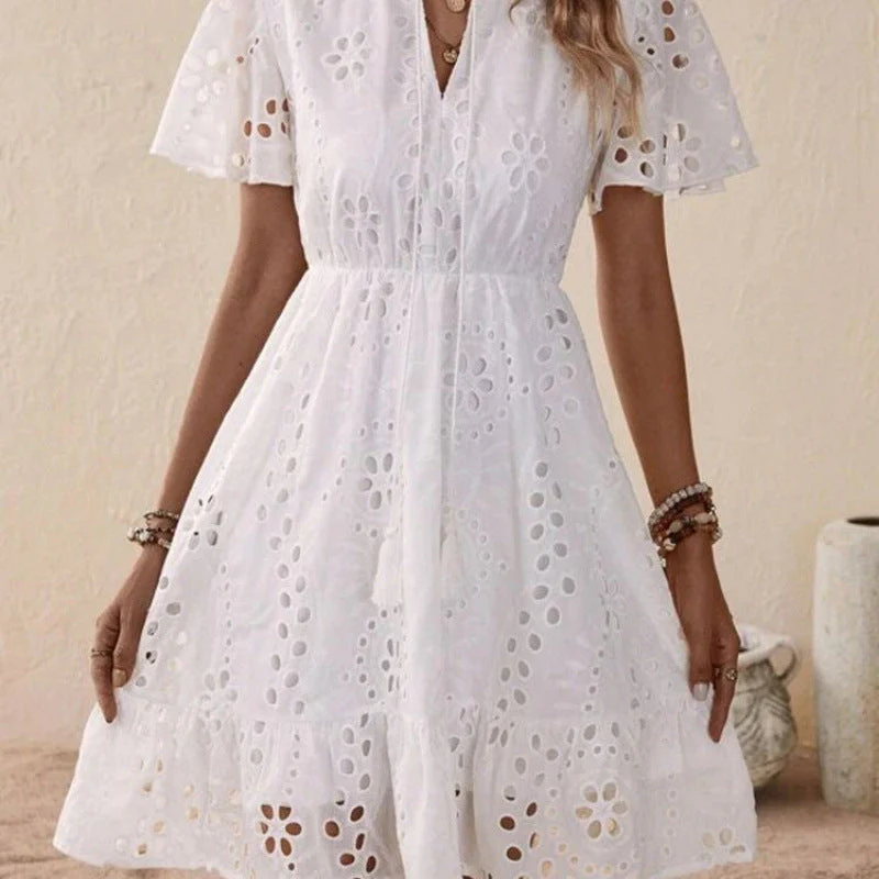 Weiße Sommerkleid mit Broderie – Kurzarm Baumwollkleid im Boho-Stil - Image 2