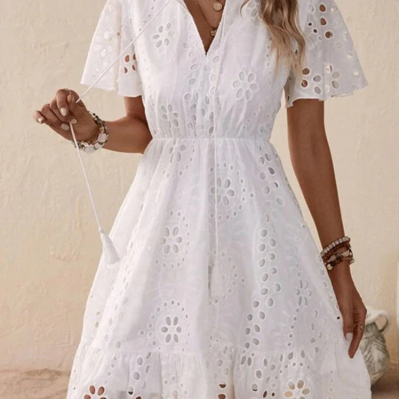 Weiße Sommerkleid mit Broderie – Kurzarm Baumwollkleid im Boho-Stil - Image 3