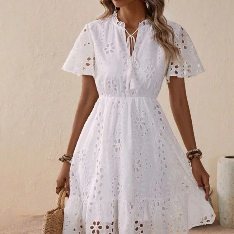 Weiße Sommerkleid mit Broderie – Kurzarm Baumwollkleid im Boho-Stil - Image 4
