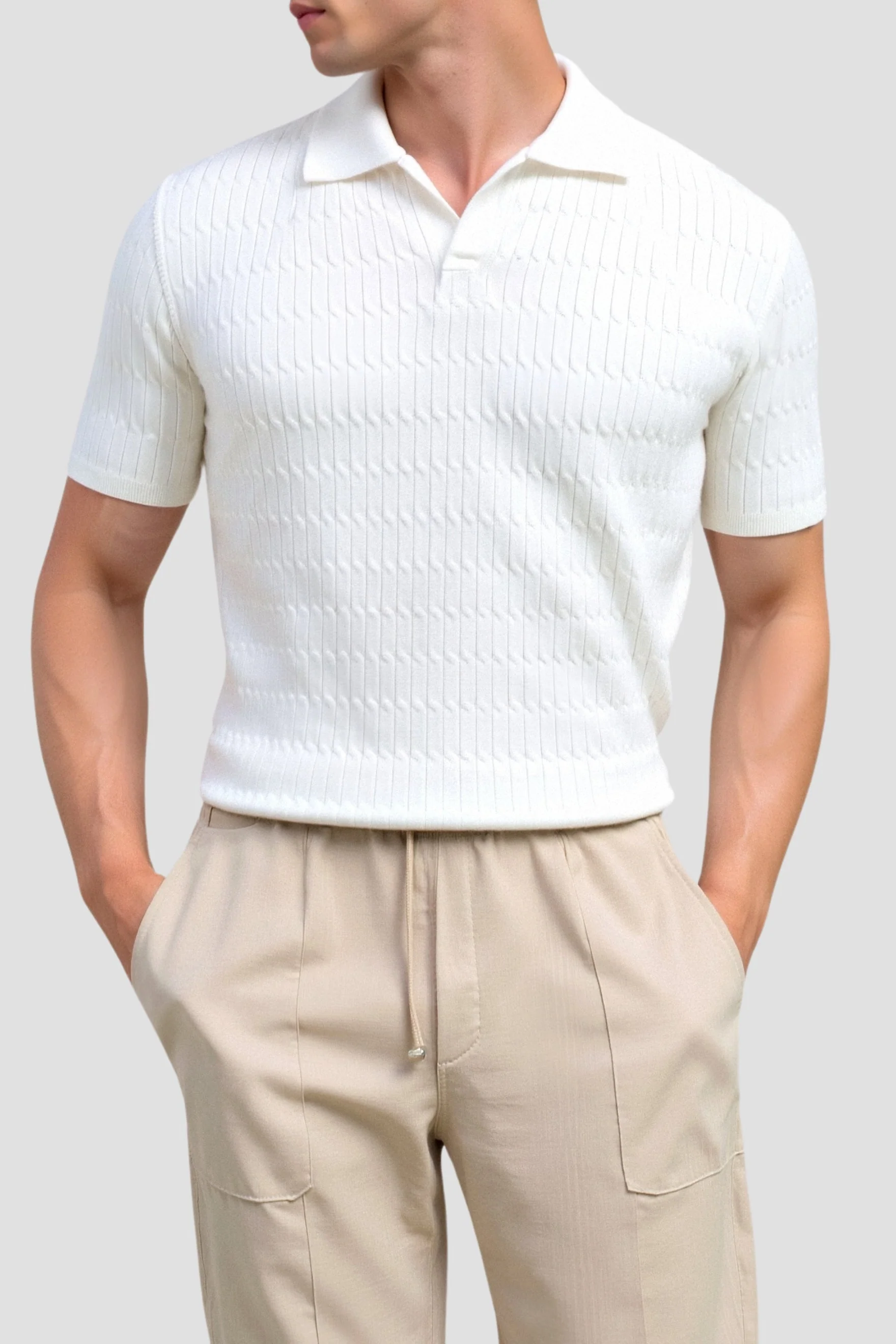 Weißes gestricktes Poloshirt mit Strukturmuster - Image 3
