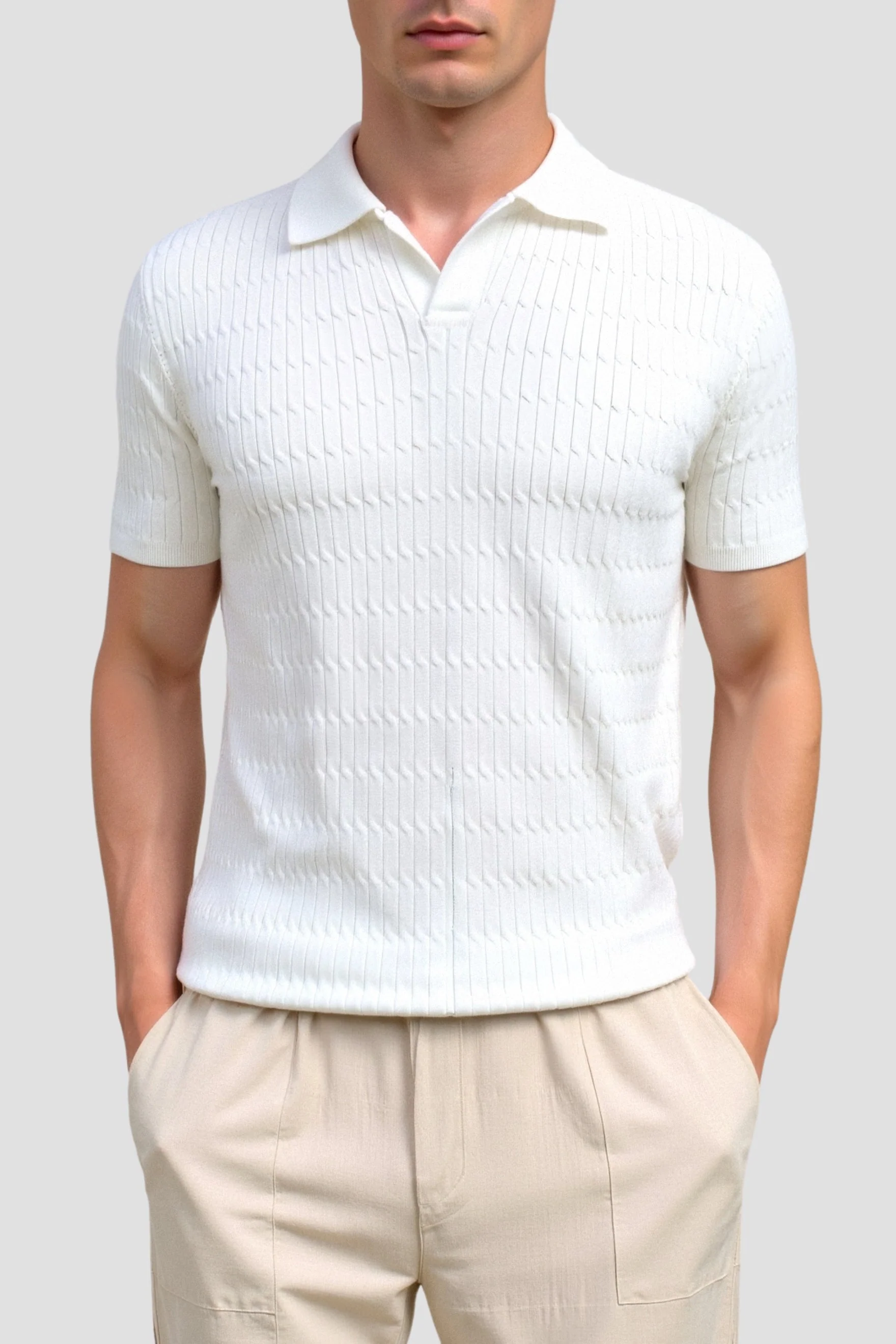 Weißes gestricktes Poloshirt mit Strukturmuster - Image 5