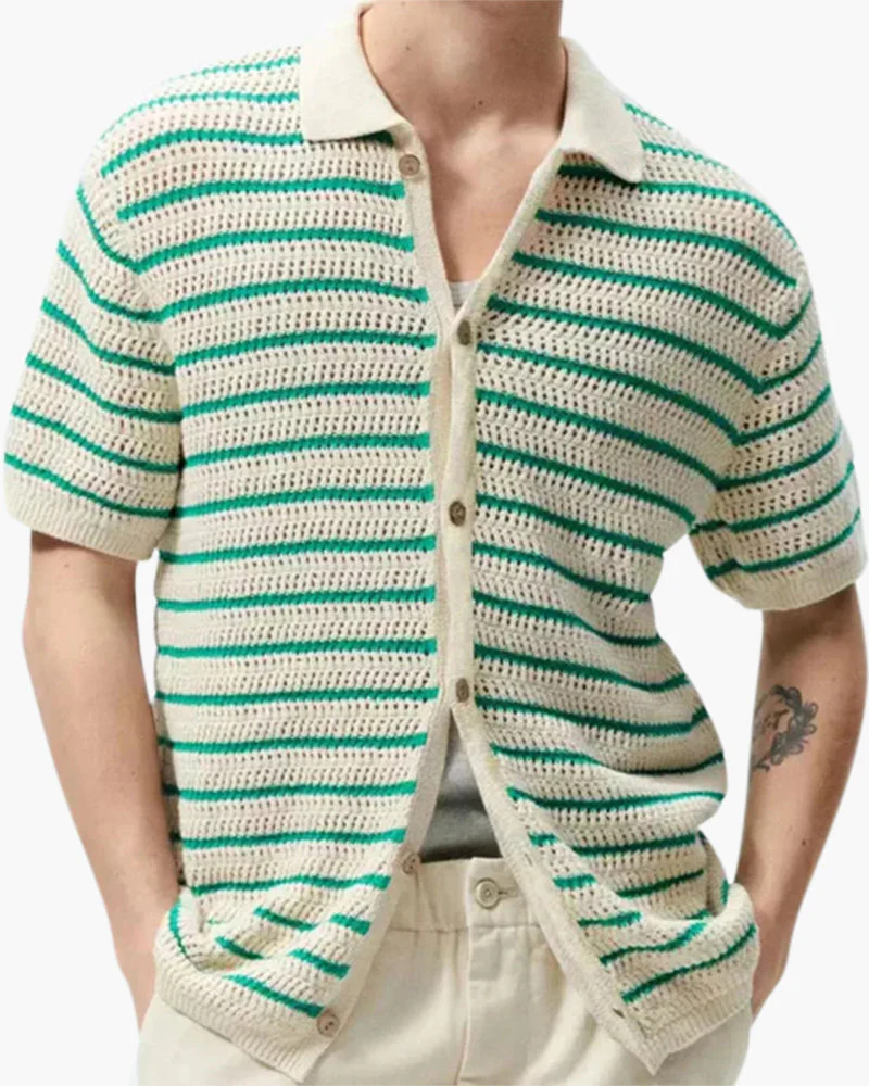 Weston | Gehäkeltes Herren Sommerhemd mit Knopfleiste in Grün-Beige - Image 2