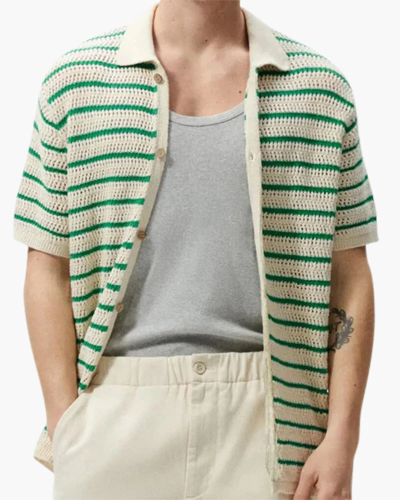 Weston | Gehäkeltes Herren Sommerhemd mit Knopfleiste in Grün-Beige - Image 3