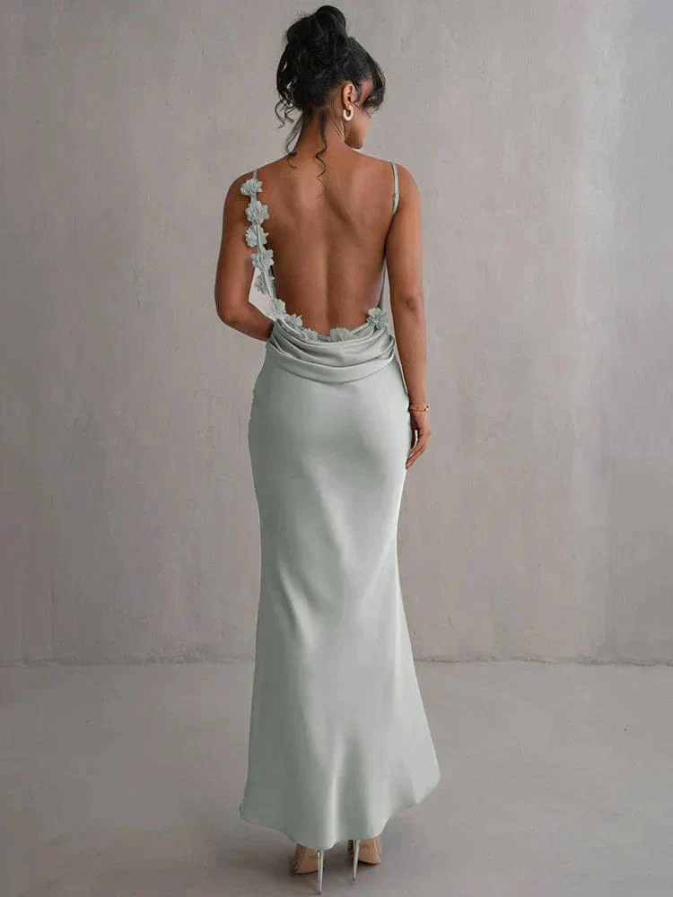 Xenia | Elegante ruglose Satin-Maxikleid mit Blumenapplikationen - Image 7